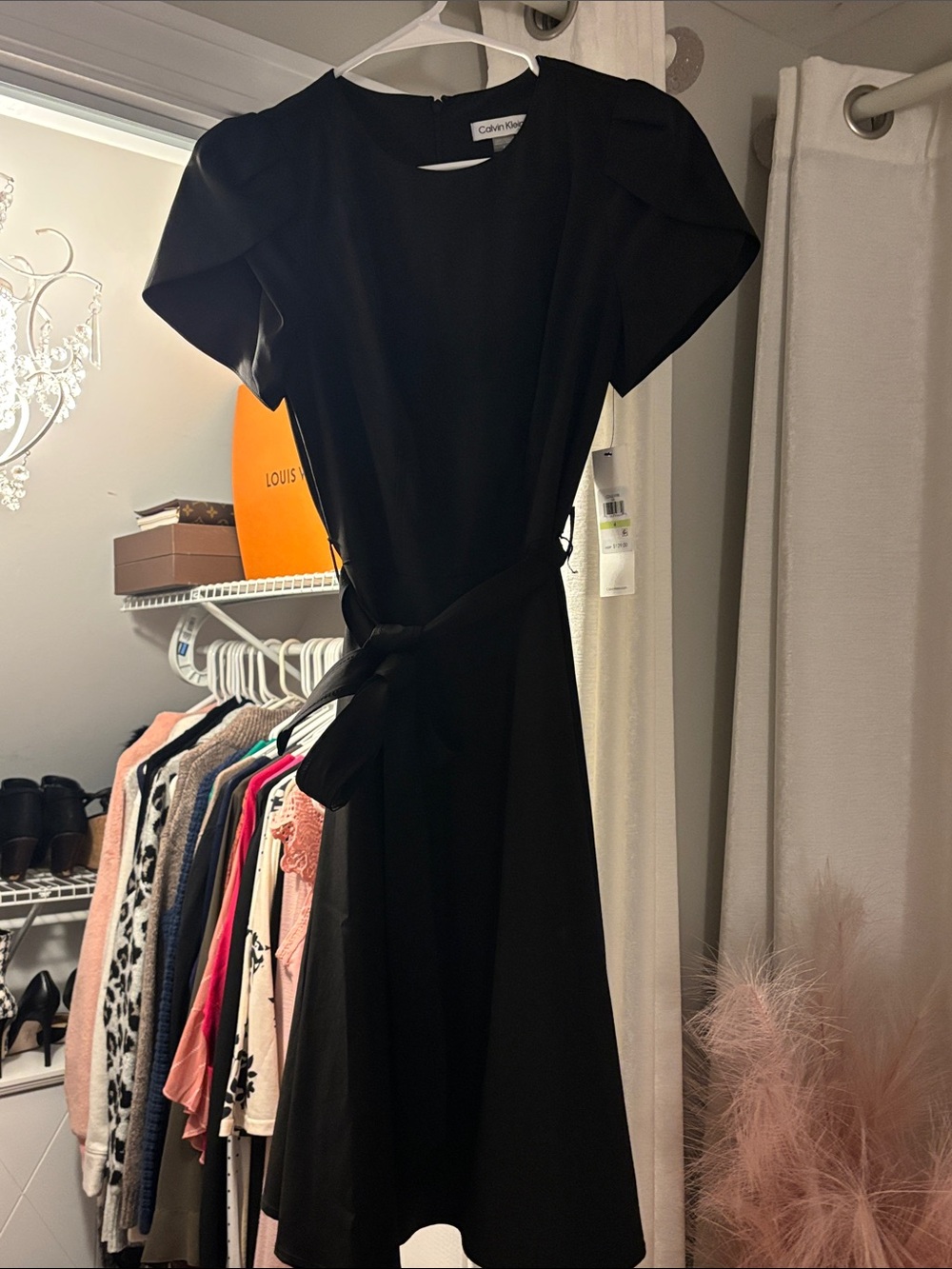 Calvin Klein Black Midi Dress with Tie Waist
